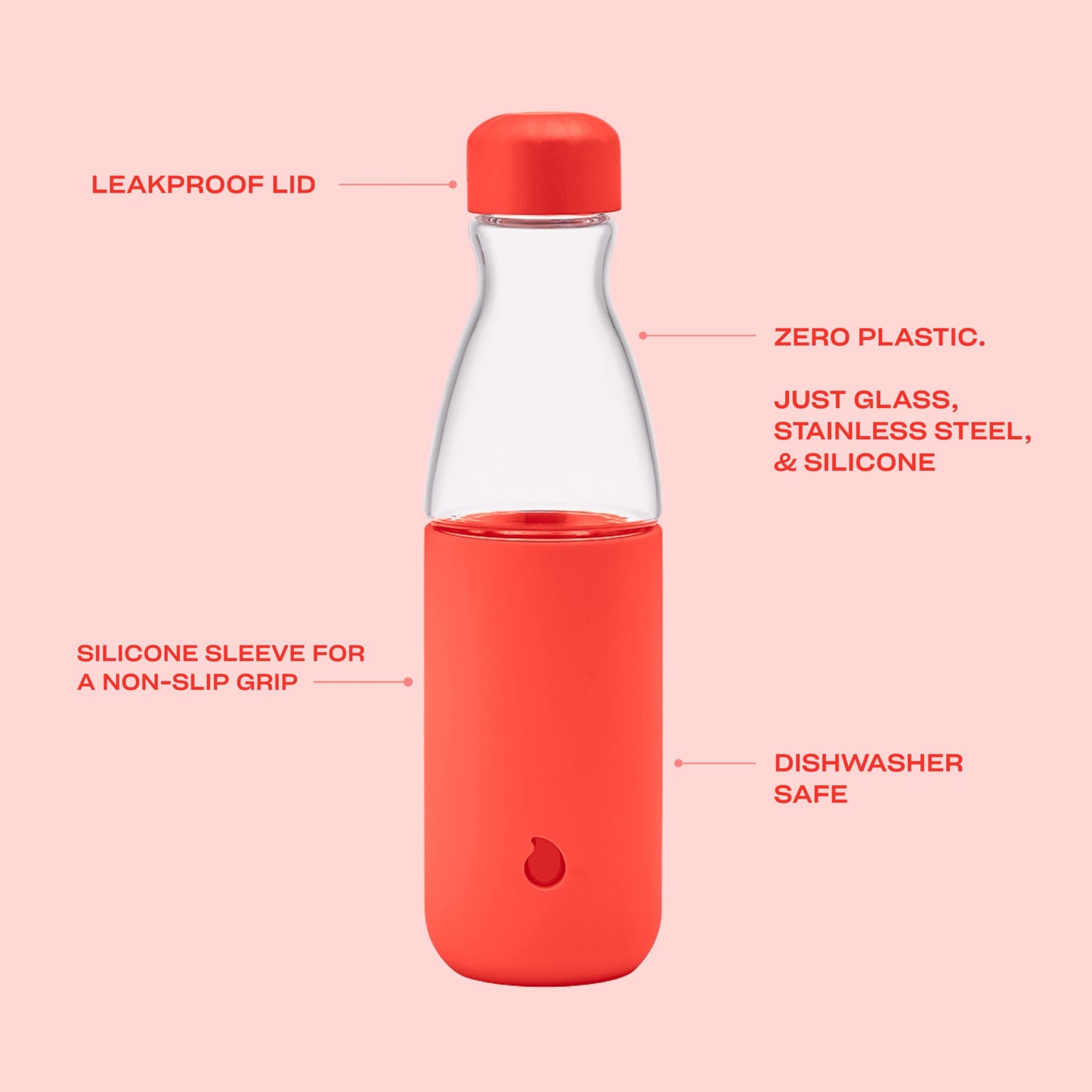 S'well Glass Original Water Bottle, 18oz, Radiant Coral, Borosilicate Glass Bottle With Protective Silicone Sleeve, Zero Plastic, Leakproof, BPA Free