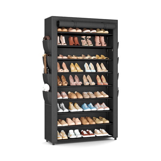 BrFoYu Shoe Rack with Cover, 10 Tier Shoe Organizer Storage for 40-50 Pairs Sneaker and Boots, Large Capacity, with 8 Pockets, Free Standing Tall Shoe Rack for Front Door Entrance, Closet