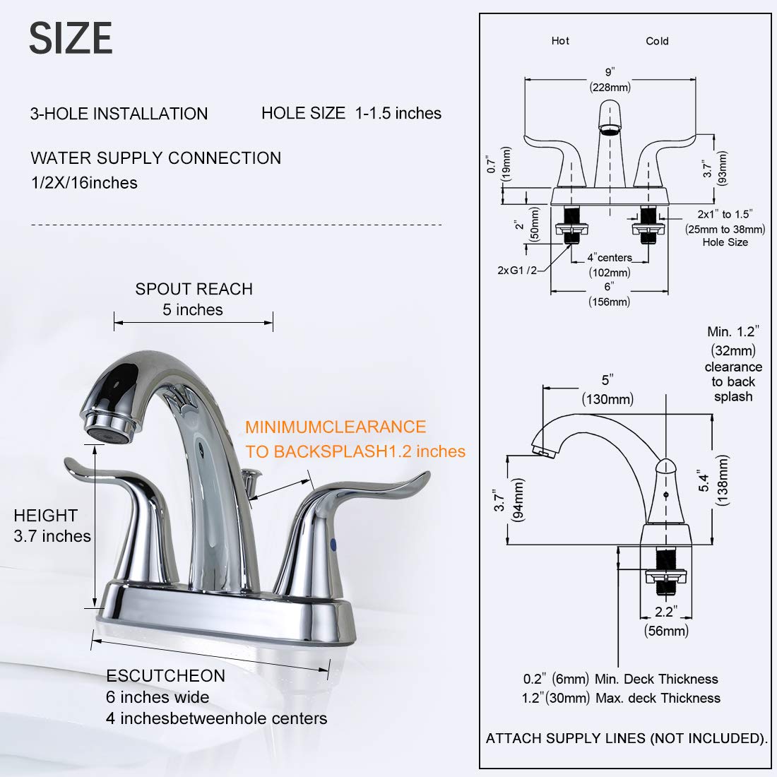 WOWOW Bathroom Faucet 2 Handle 4 Inch Centerset Bathroom Sink Faucet Lead-Free Basin Mixer Tap Lift Rod Drain Stopper, Two-Handle Center-Set Lavatory Faucet Chrome