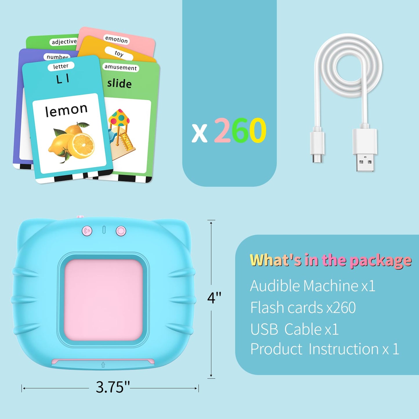 Eaever 520 ABC Sight Words Talking Flash Cards with Number/Shapes/Letters/Colors, Etc, Toddler Language Learning Toys for 2-6 Year Old Boys and Girls, Xmas/Birthday Gift, Blue