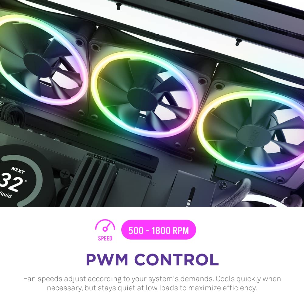 NZXT F140 RGB Twin Pack – 2 x 140mm RGB PWM PC Fans with RGB Controller – High Airflow, Low Noise – Fluid Dynamic Bearing – CAM Software Control – 18 LEDs per Fan – Black