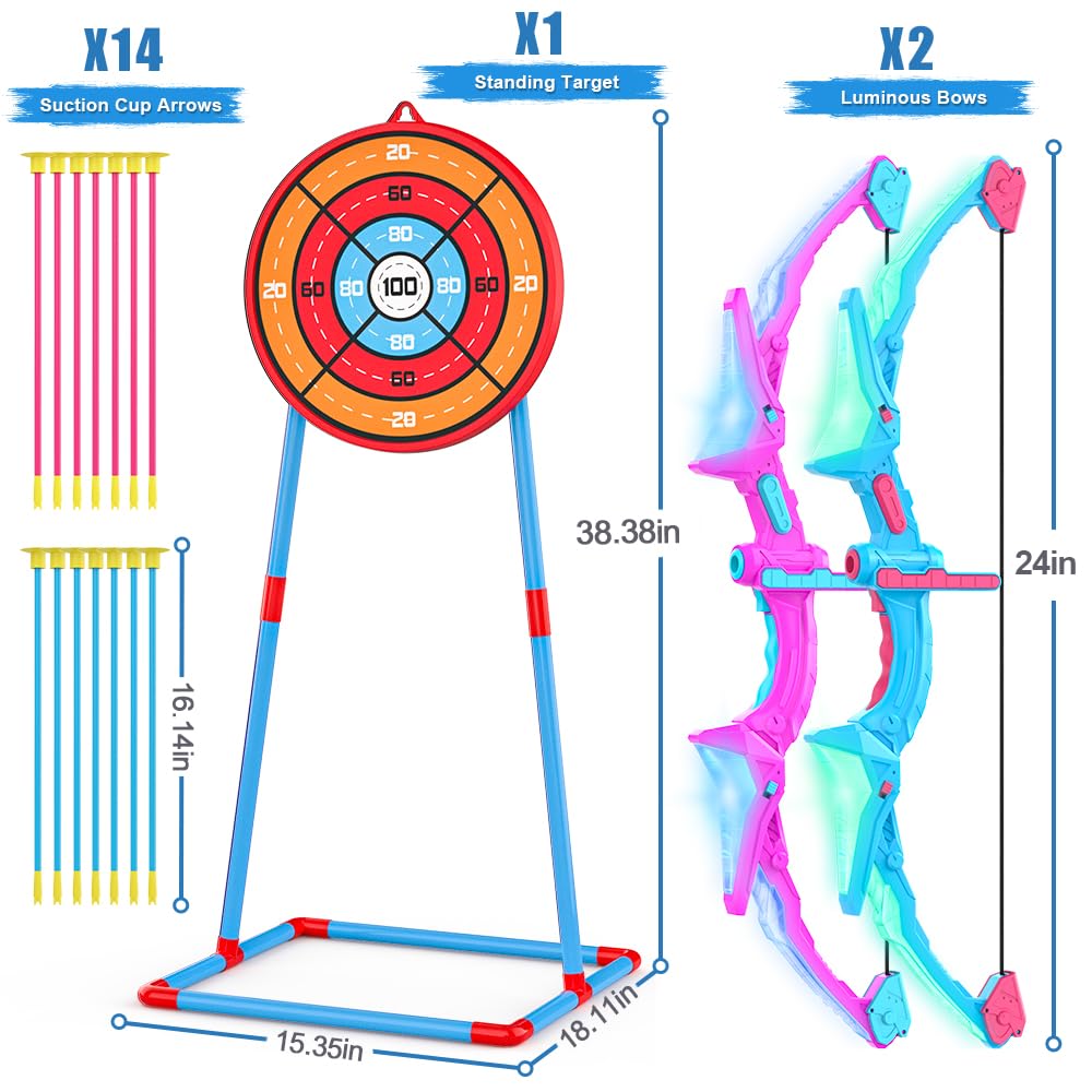 2 Pack Bow and Arrow Sets for Kids, Lighted Bow Toy Set with 14 Suction Cup Arrows and Standing Lens, Perfect Indoor Outdoor Toys Gifts Ideas