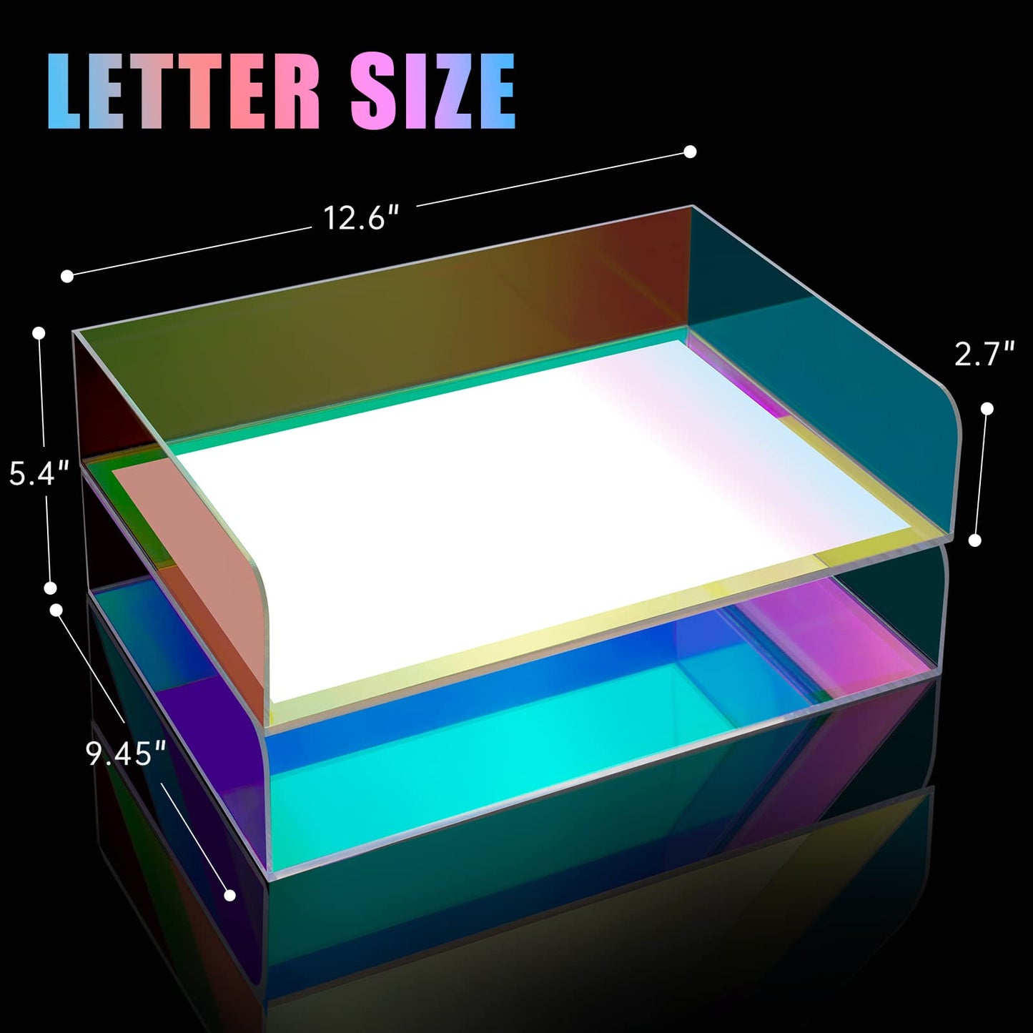 NiOffice Acrylic Letter Tray 2-Tier Iridescent Stackable Desk Paper Tray Organizer and Office Accessories Supplies, Rainbow Letter Size Desk Accessories Storage Organization (Portrait)