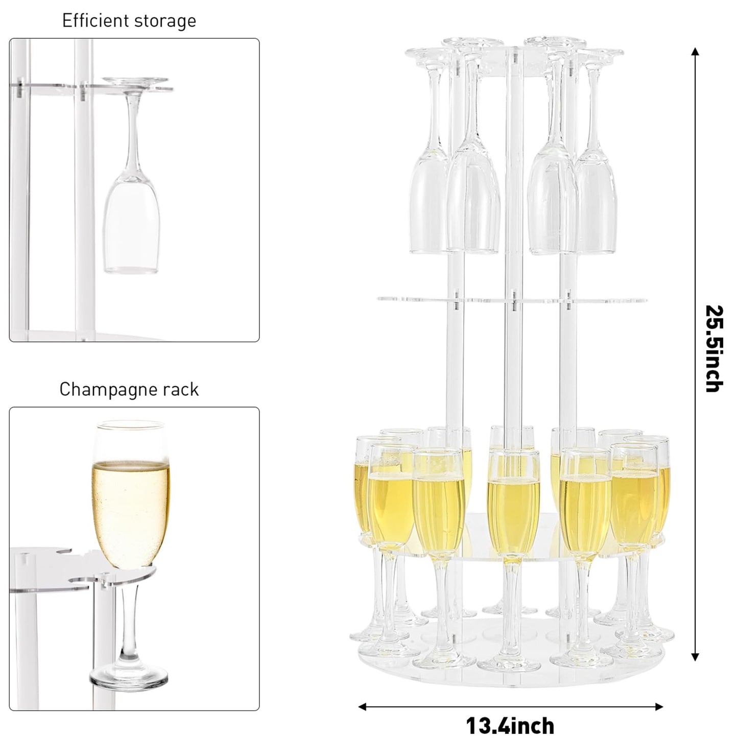 Laumffon Champagne Tower, Circle Acrylic Champagne Display Rack Stand with 28 Slots, 3 Tier Floating Sight Champagne Flute Holder for Party, Wedding, Celebration, 13.4x13.4x25.5 inch