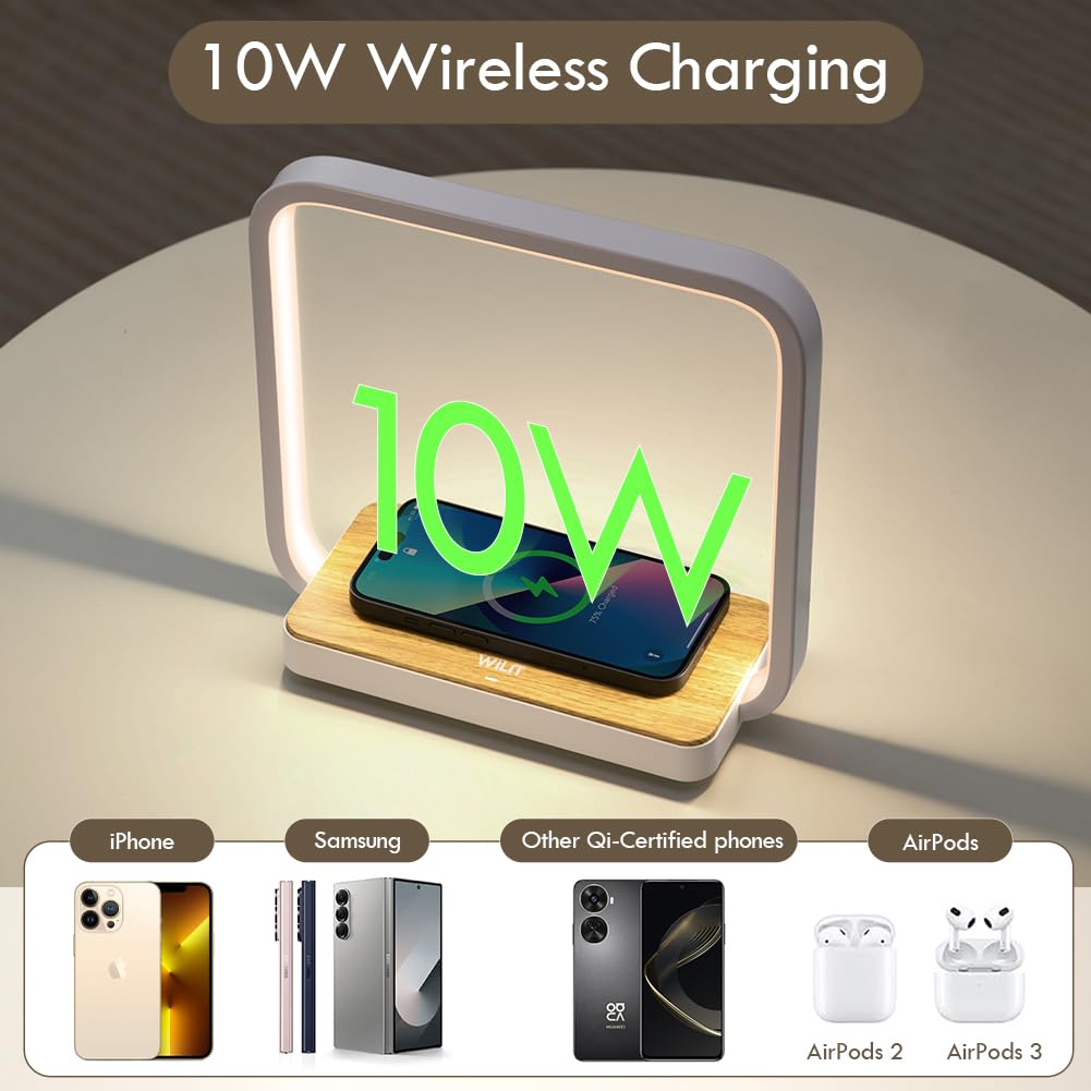 WILIT Bedside Lamp with Qi Wireless Charger, A13 Table lamp 3 Step Dimmable Touch Control Desk Lamp for for Living Room, Bedroom, Kids Room.