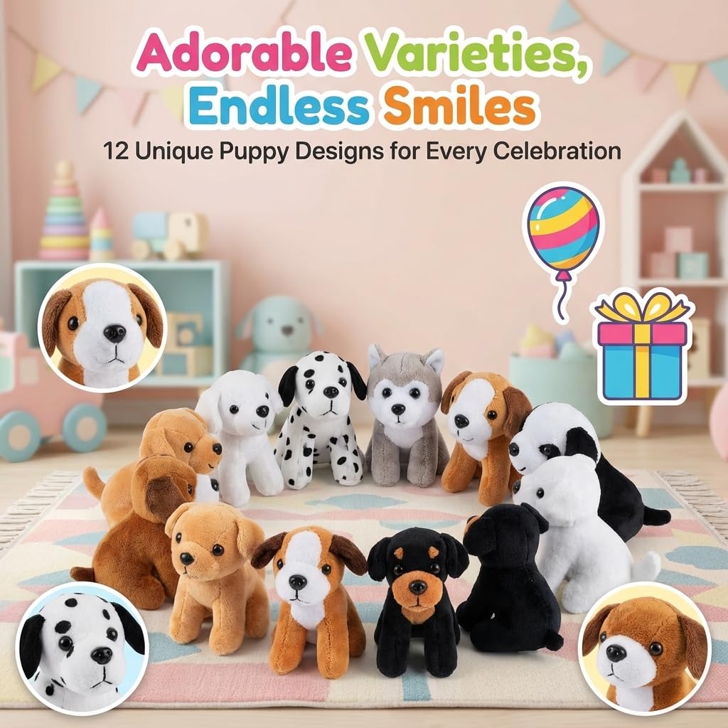 Bedwina Plush Puppy Dogs - (Pack of 12) 6 Inches Tall Stuffed Animals Bulk Assorted Puppies and Cute Stuffed Plushed Dog Puppies Assortment, Stocking Stuffers