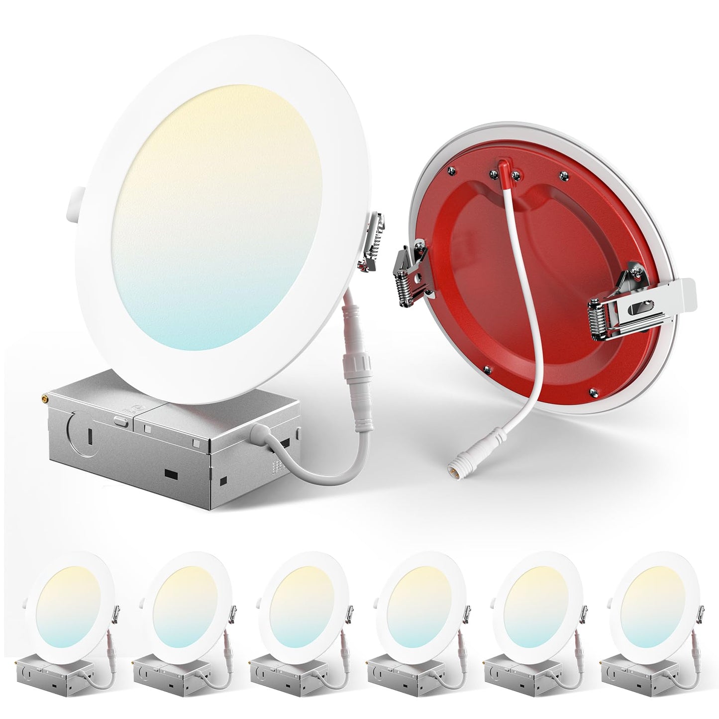 Amico 6 Pack 6 Inch Fire Rated LED Recessed Light with Junction Box, 2 Hour Fire Rating, 5CCT Selectable Ultra-Thin Ceiling Light, 1400LM, Dimmable Canless Wafer Downlight, ETL & FCC, No Tenmat Needed