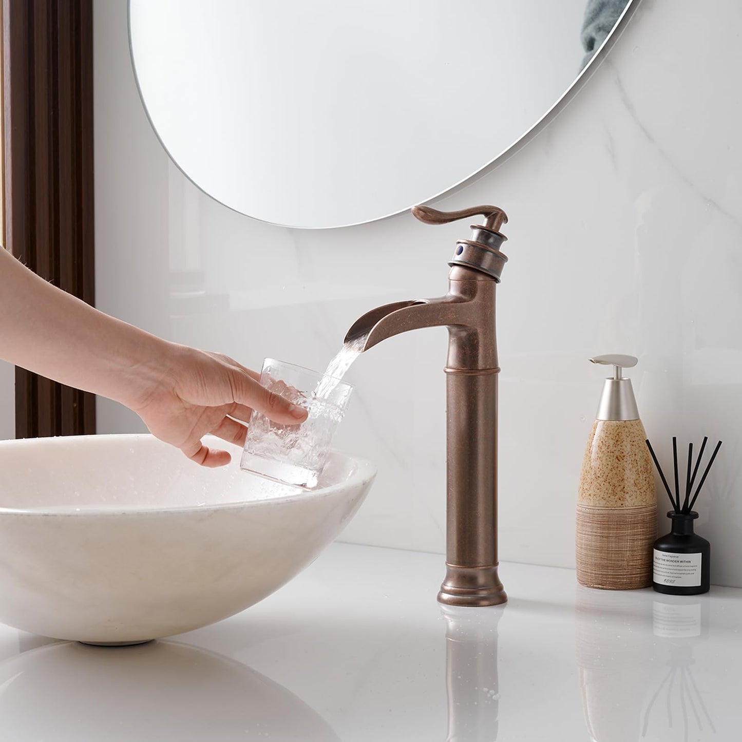 Vessel Sink Faucet Copper Tall Bathroom Faucets Waterfall Single Handle 1 Hole Farmhouse Antique with Pop up Drain Assembly and Supply Lines Mixer Tap Without Overflow Counter Top