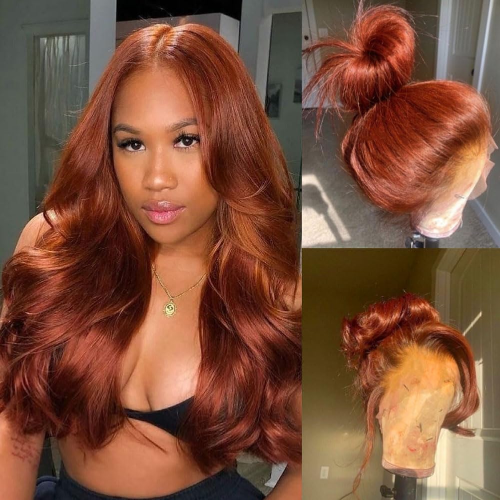 180% Density 13x6 Lace Front Wigs Human Hair Pre Plucked 13x6 Reddish Brown HD Transparent Body Wave Lace Front Wigs For Women Ginger #33 Colored Brazilian Virgin Hair Glueless Wigs Human Hair 22Inch
