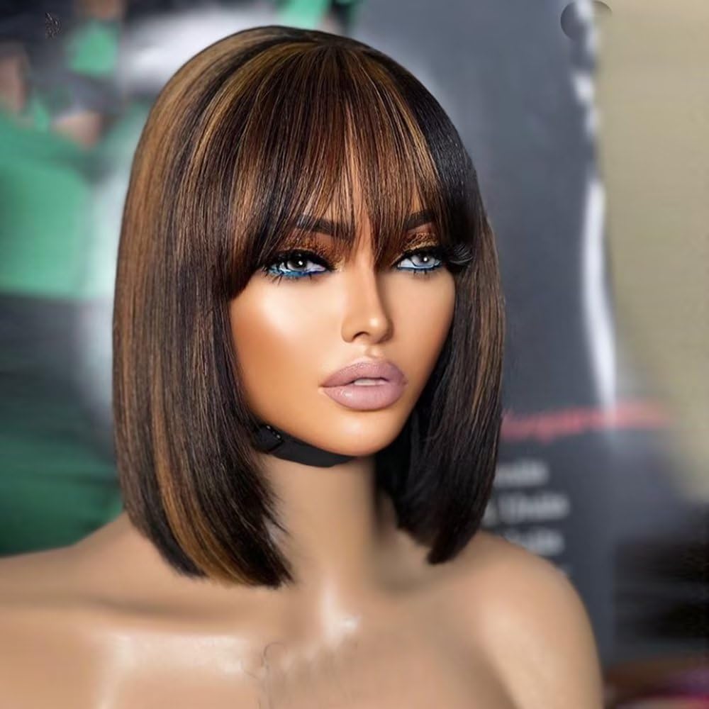 QuinluxWigs Short Bob Human Hair Highlight Wigs with Bangs Ombre 1B/30 Color 13X4 HD Transparent Lace Front Wigs Brazilian Human Hair 10 inch Glueless Wigs for Black Woman 150% Density Bangs Wig