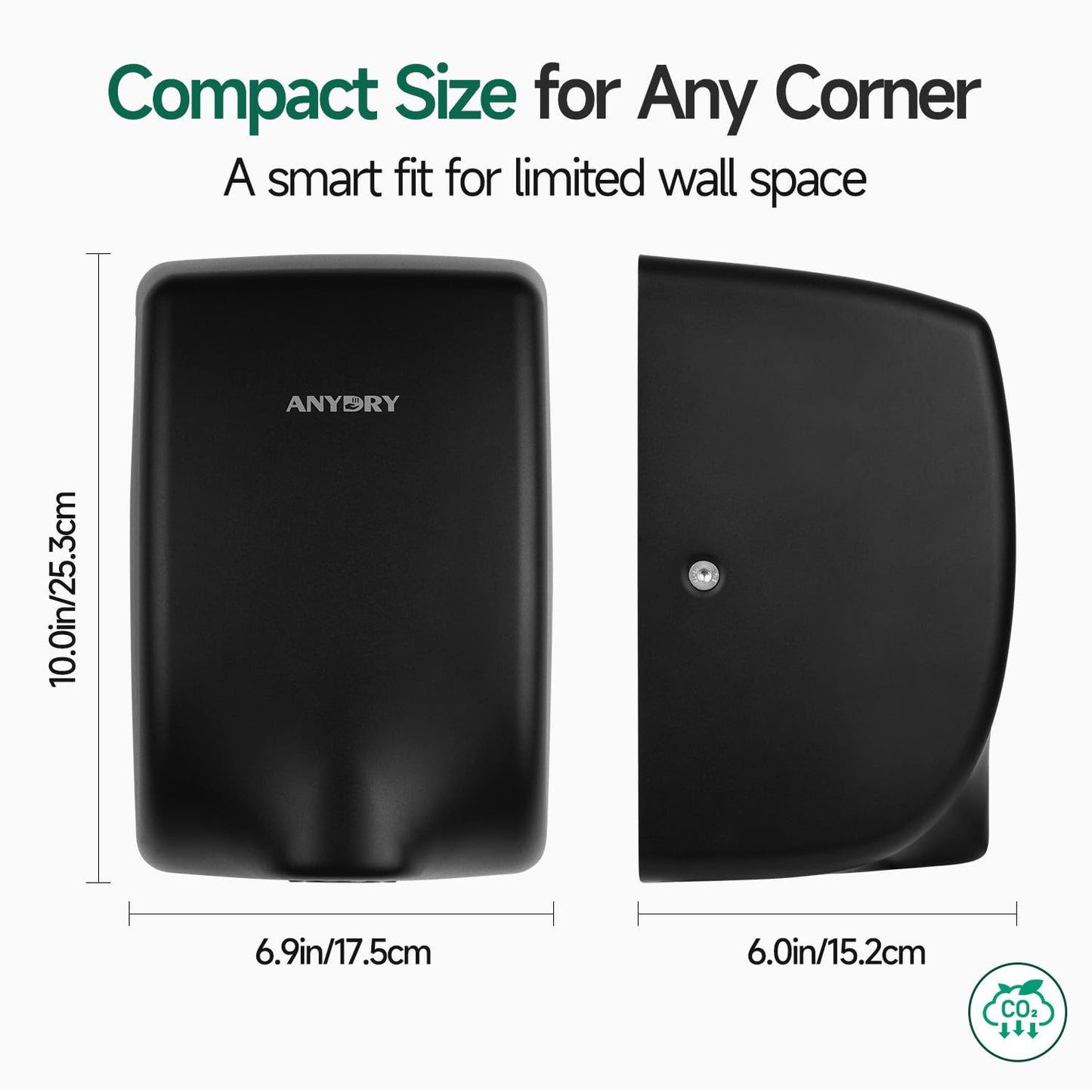 anydry Compact Hand Dryer, High-Speed 1350W Airflow, Matte Black Finish, Space-Saving for Commercial & Home Use, Model 2803Y