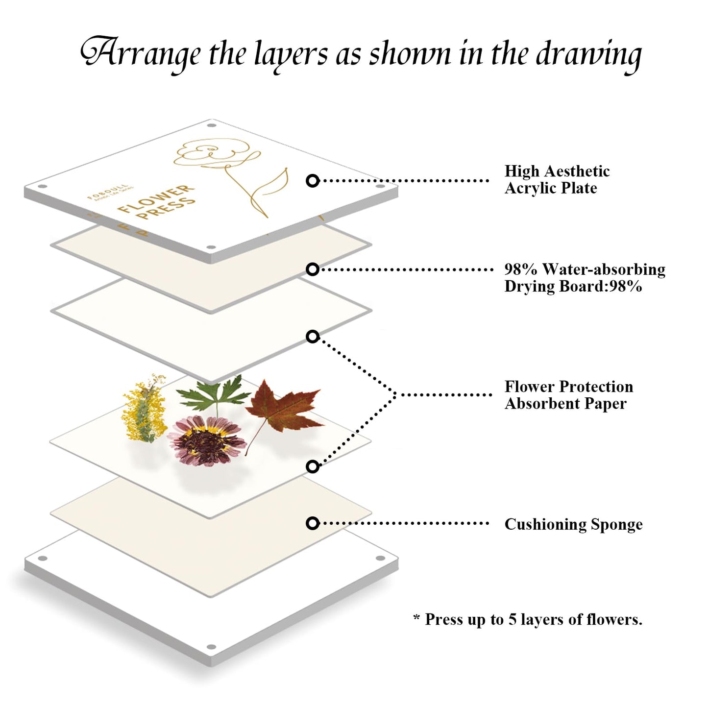 Foboull 10" x 10" Acrylic Flower Pressing Kit with Storage Bag and Detailed Instructions, Gift Flower Pressing Kit for Adults, DIY Plant Preservation