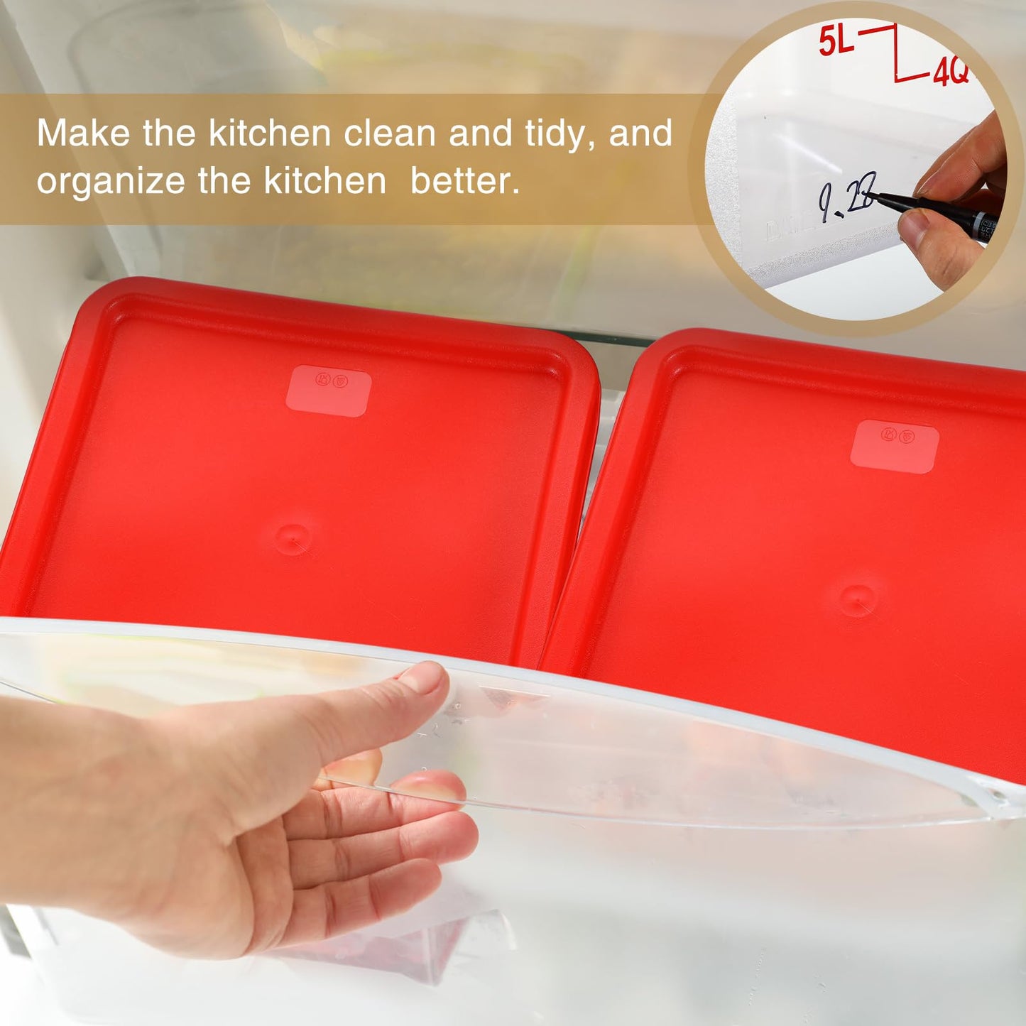 Suclain 2 Pcs Square Food Storage Container Polycarbonate Clear Food Container with Red Lid Commercial Rice Storage with Red Graduations for Commercial Kitchen(8.19 x 11.81 inches)