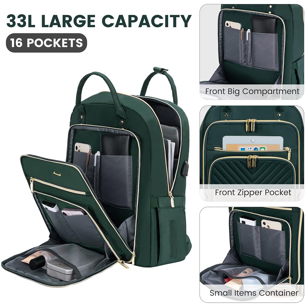 LOVEVOOK Laptop Backpack for Women, Water Resistant Travel Work Backpacks Purse Stylish Business Teacher Nurse Computer Bag with USB Charging Port,Dark Green