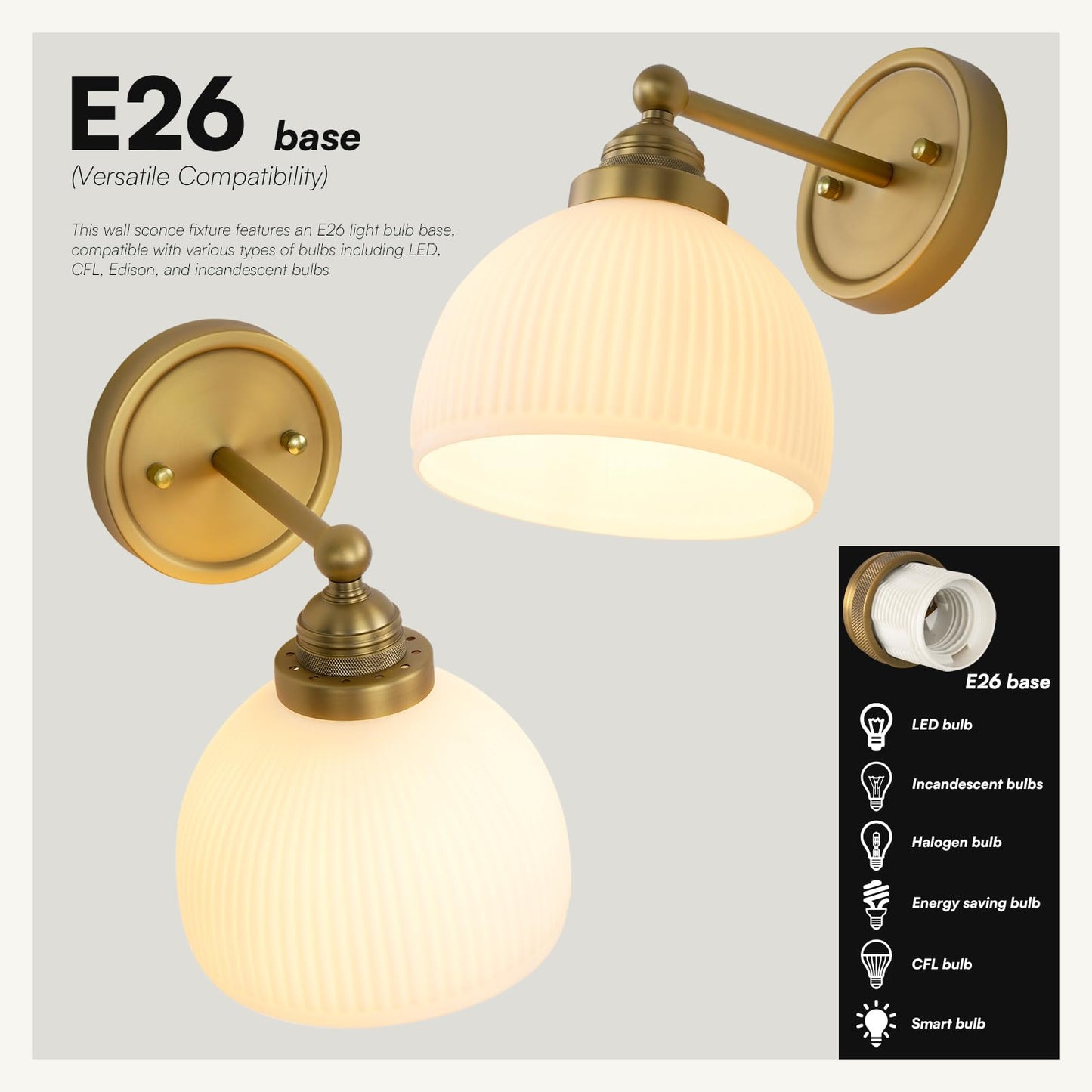 SongCiLT Vintage Wall Sconce 1-Light with White Striped Glass Globe Shade, Indoor Wall Mounted Lamp Fixture for Living Room Bedroom Kitchen Hallway
