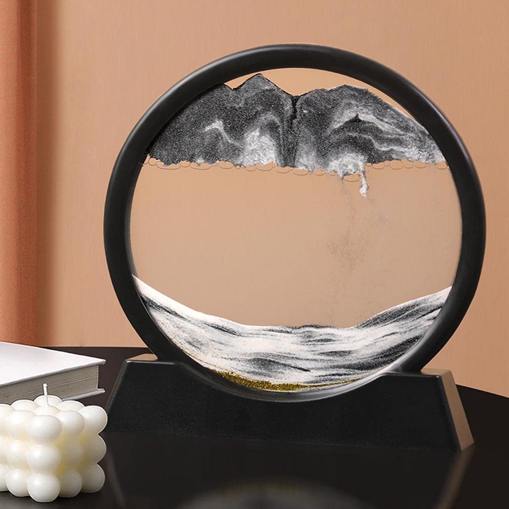 Arthink Moving Sand Art Picture in Motion Round Glass 3D Deep Sea Landscape, Dynamic Sand Art Sandscapes, Sensory Relaxing Desktop Table Decor Desk Decor Art Desk (12 inch, Black)
