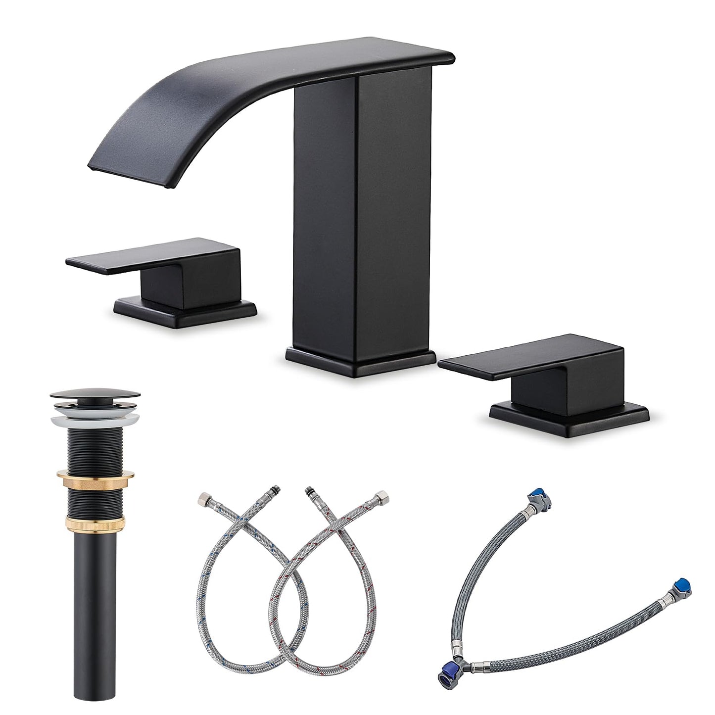 AVSIILE Matte Black Waterfall Bathroom Faucet 3 Hole, 8 Inch Widespread Modern 3 Piece Bathroom Sink Faucet, Touch On Lavatory Faucet for Vanity RV Restroom, Curved Spout