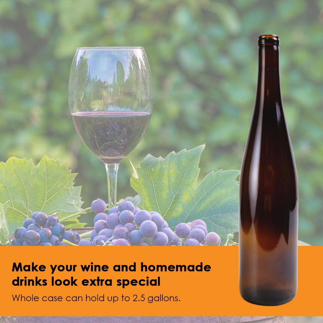 FastRack 750ml Amber Glass Wine Bottles (Pack of 12) | W13 Stretch Hock Empty Bottles for Homemade Wine, Kombucha & Beer – Amber Liquor Bottles for Wine Making & Storage – No Corks Included