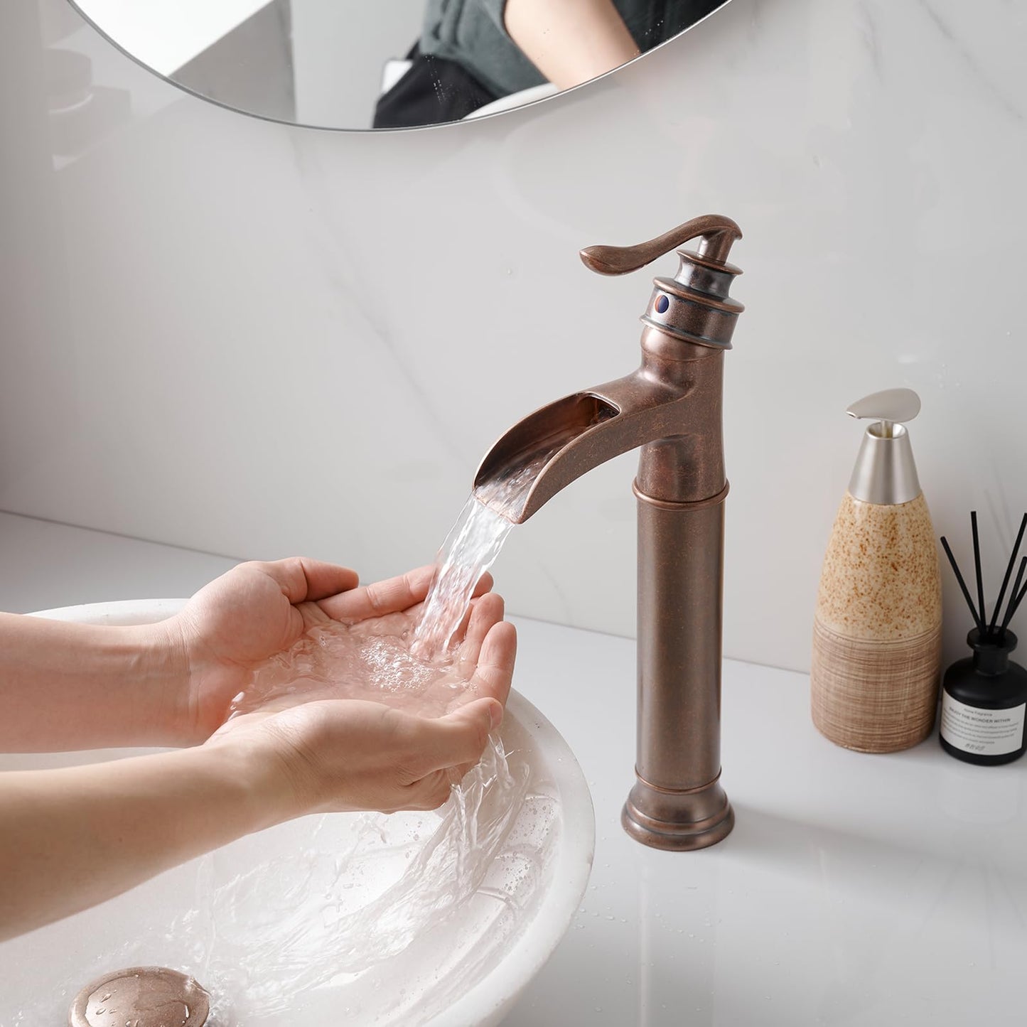 BWE Vessel Sink Faucet Waterfall Antique Copper Single Hole with Pop Up Drain Stopper Without Overflow and Supply Lines One Handle Vanity Basin Bath Sink Mixer Tap