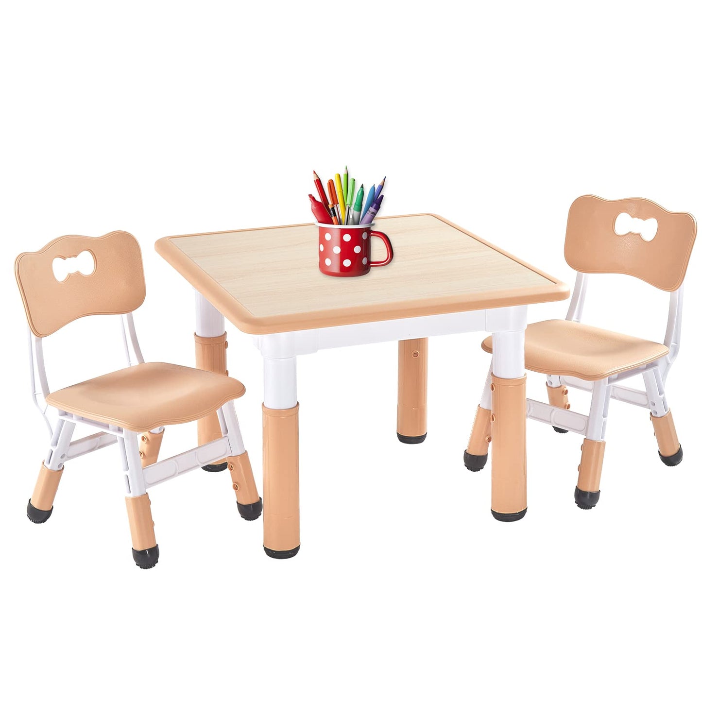 FUNLIO Kids Table and 2 Chairs Set, Height Adjustable Toddler Table and Chair Set for Ages 3-8, Easy to Wipe Arts & Crafts Table, for Classrooms/Daycares/Homes, CPC & CE Approved (3pcs Set) - Natural