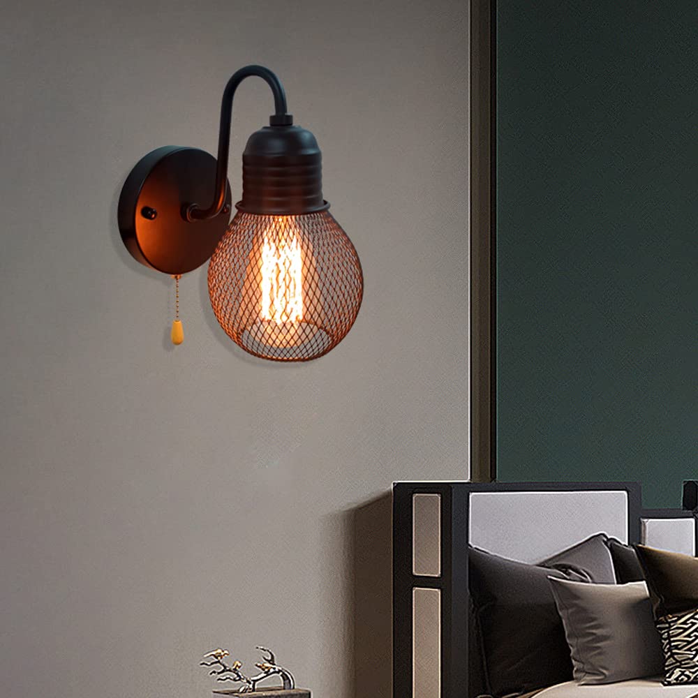 VinTopsh Black Wall Sconce with Pull Chain Switch,1-Light Wall Lamp,Industrial Farmhouse Wall Sconces for Living Room Bedroom Bathroom Kitchen Porch (12 cm Shade)