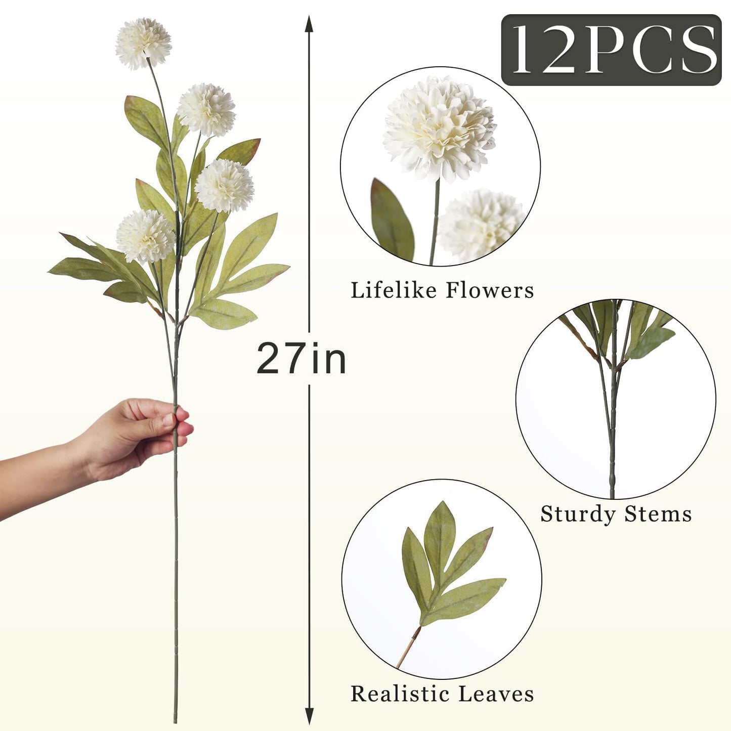 VIERENA 12 Pcs Faux Silk Pompon Mum Artificial Flowers for Vase -27", Bulk Fake Chrysanth Branches with Stems for DIY Bouquet Centerpieces Wedding Fillers Arrangements Shower Decorations (Cream)
