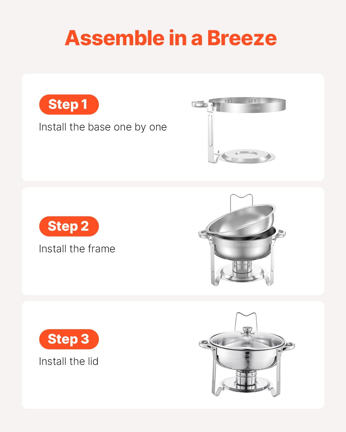 VEVOR Chafing Dish Buffet Set,5 Qt 2 Pack,Stainless Steel Chafer with 2 Full Size Pan,Round Catering Warmer Server with Glass Lid Water Pan Folding Stand Fuel Holder, for Wedding Party Banquet, Silver