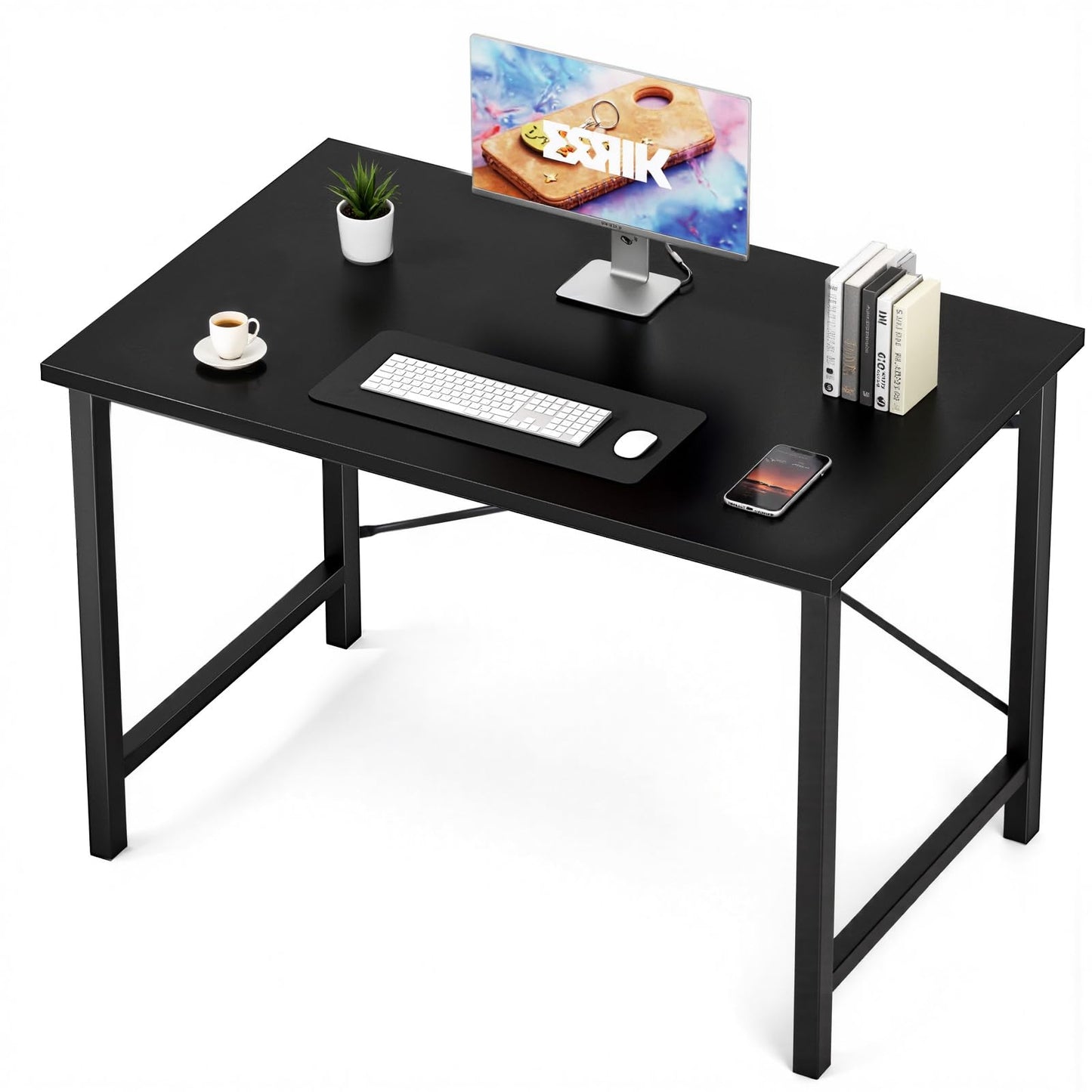 Sweetcrispy Small Computer Desk, 40" Office Writing Desk with Metal Frame & Wooden Top, X-Shaped Reinforcement, Student Study Workstation for Home Bedroom, Black
