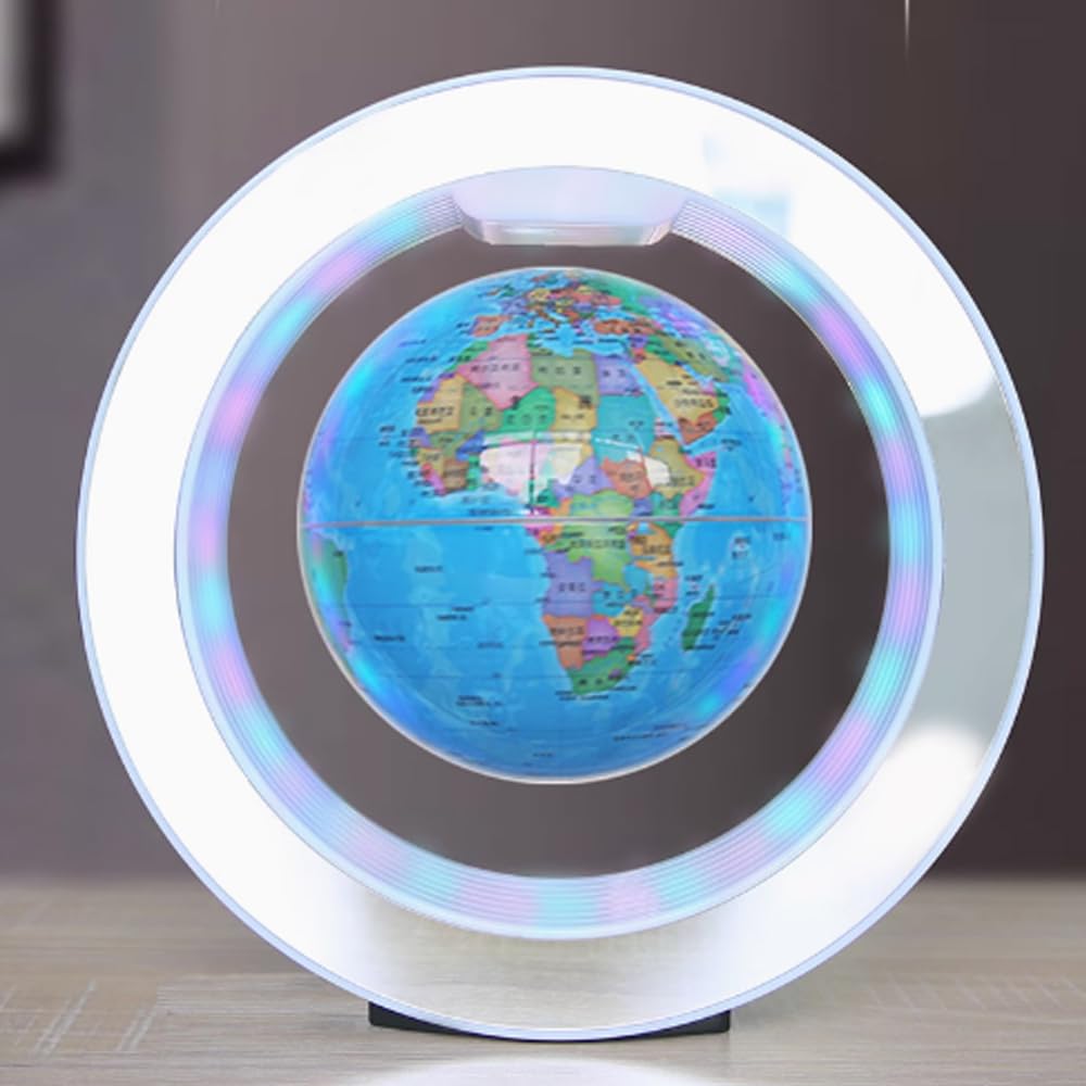 Magnetic Floating Globe, Magnetic Levitating with LED Light O Shape Frame Self-rotating Desk Gadget Decor Floating Globes World, 4inch (Light Blue)