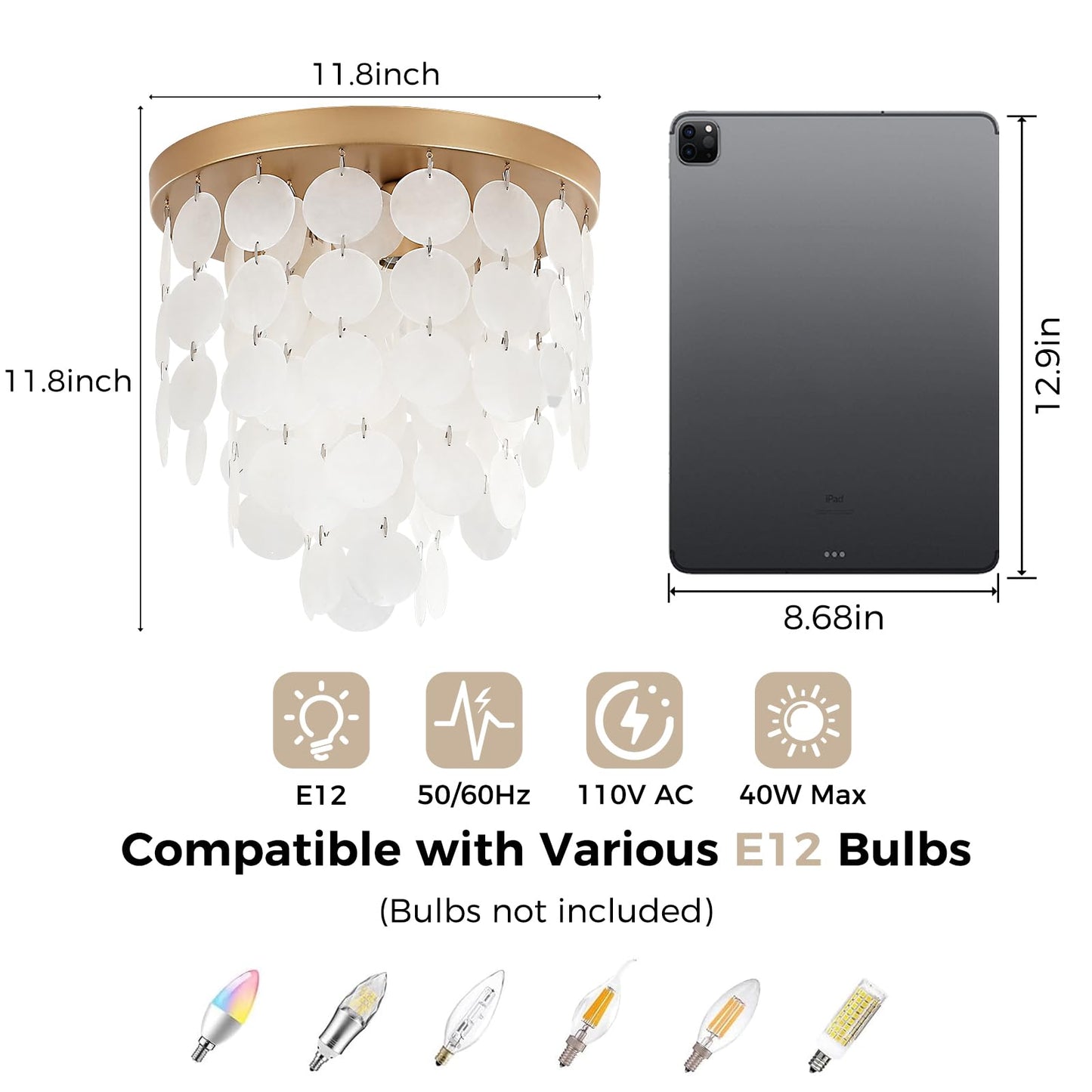 PUZHI HOME 11.8 Inch Gold Flush Mount Ceiling Light Fixture with Natural Capiz Shells, Dimmable 3-Light Modern Coastal Lighting for Bedroom, Living Room, Kitchen, Dining Room, Hallway, Closet