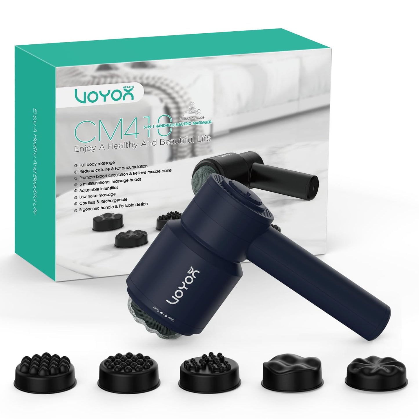 VOYOR-HEALTH Handheld Cellulite Massager, Electric Cellulite Remover Body Sculpting Massager with 5 Replaceable Heads for Arm,Thigh,Calves, Cordless & Rechargeable Deep Tissue Massager CM410, Blue