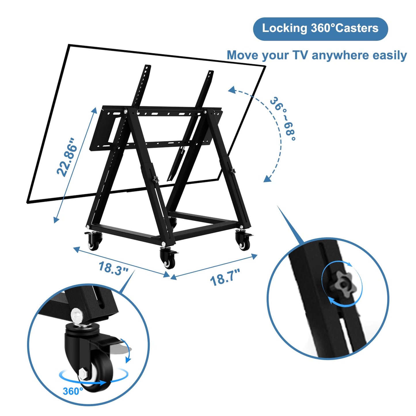 Duiliuu Low Height Mobile TV Stand, Low TV Stand with Wheel for 26-65 inch TV, Hight Adjustable, 36° -68° Adjustable Viewing Angle,Max 50KG, Vesa 600×500, Confidence Monitor Stand