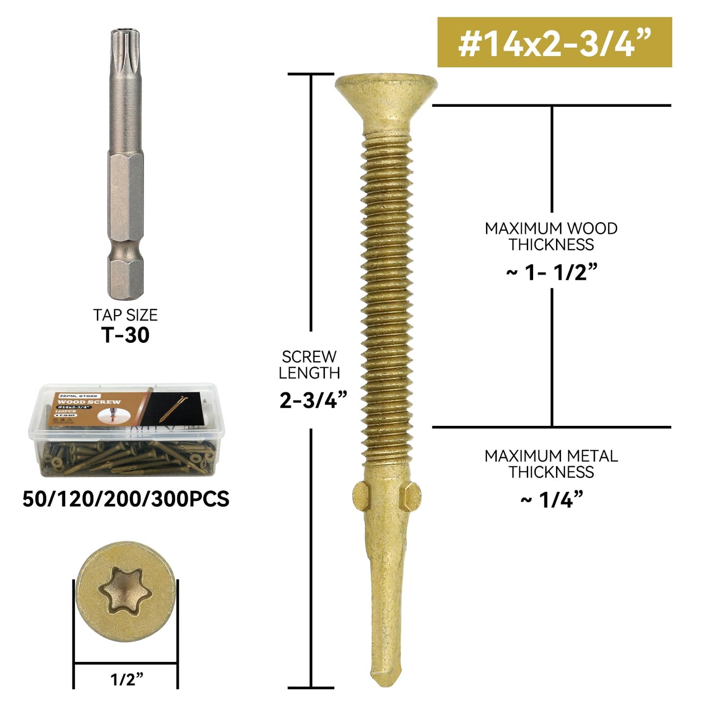 200Pcs #14 x 2-3/4" Trailer Deck Screws - T30 Torx Self-Tapping Wood to Metal Screws with Reamer Tip | Heavy-Duty Fasteners for Trailers,Truck Beds & Metal Framing