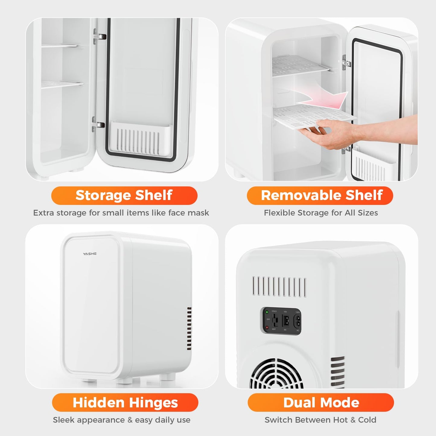 YASHE Mini Fridge, 6 Liter/8 Can 110V AC/DC Portable Thermoelectric Cooler Refrigerators for Bedroom, Personal Skin Care Fridge for Cosmetics, Drink, Milk, Office, Dorm Room and Car, White