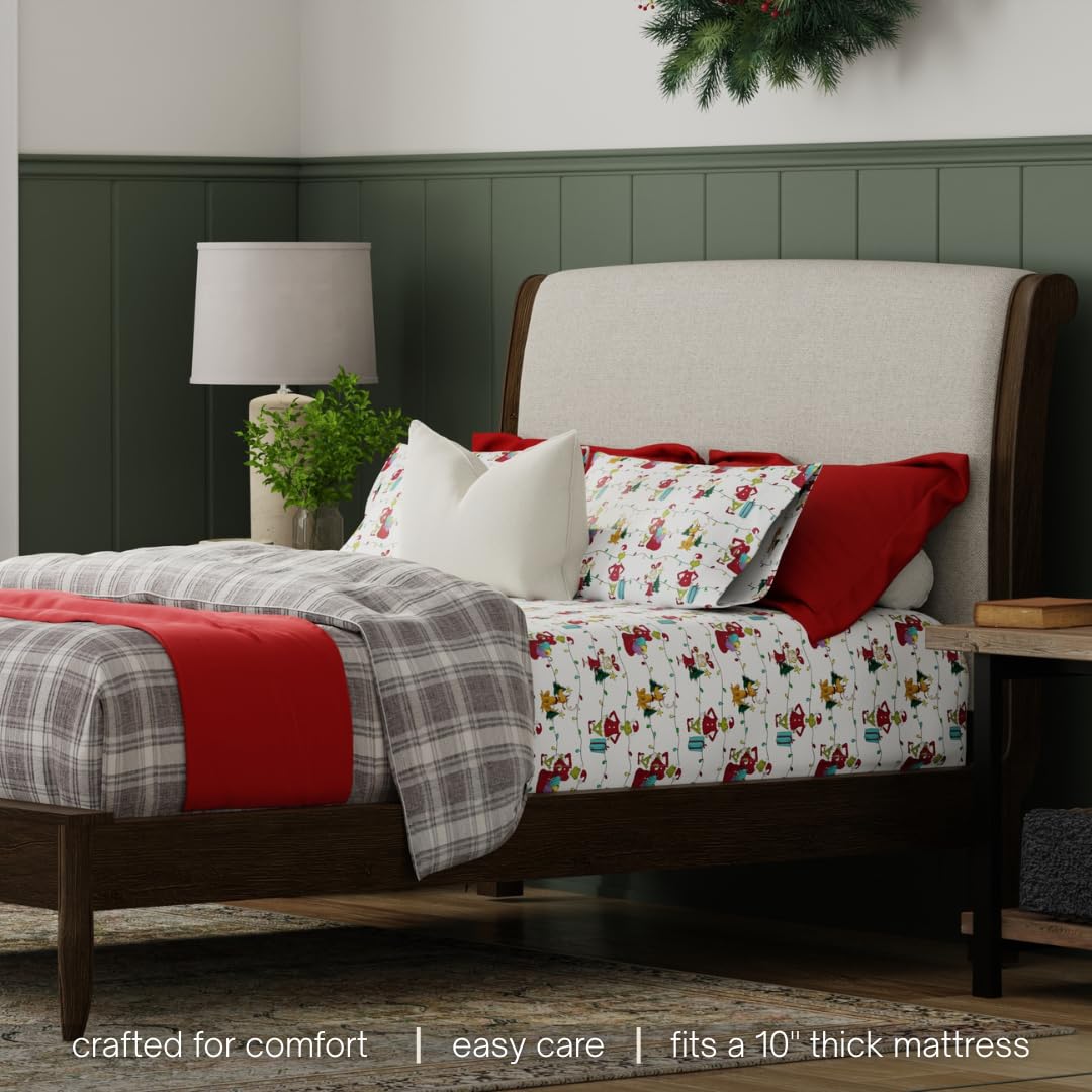 Grinch by Dr. Seuss Holiday & Christmas Bedding Super Soft 100% Cotton Flannel Sheet Set, Queen, (Officially Licensed Product) By Franco