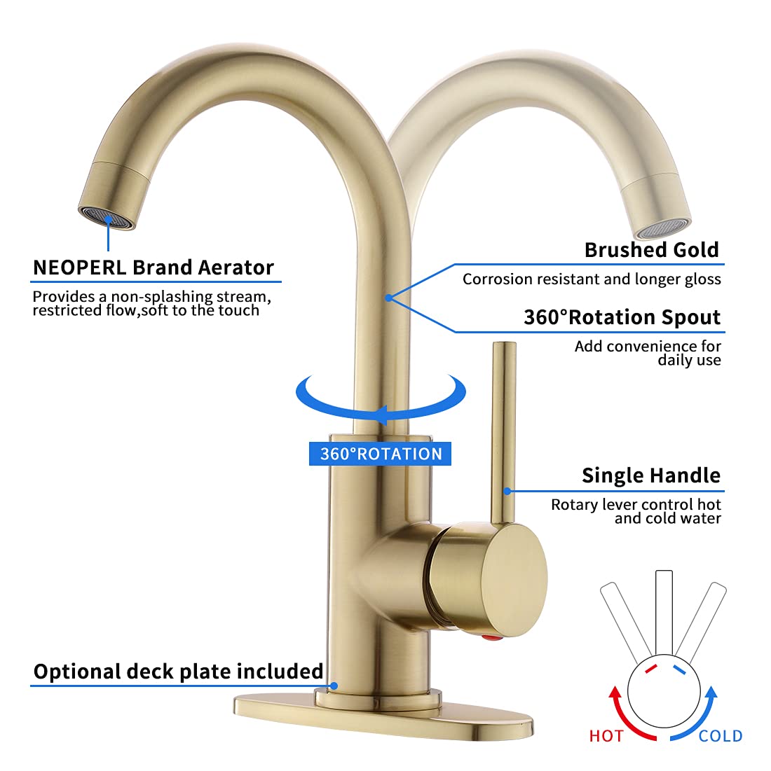 Single Handle Bathroom Sink Faucet 360° Swivel Spout Vanity Faucets with Deck Plate 4 Inch Centerset Gold Bathroom Faucets Brushed Gold Restroom Lavatory Faucet Durable & Safety