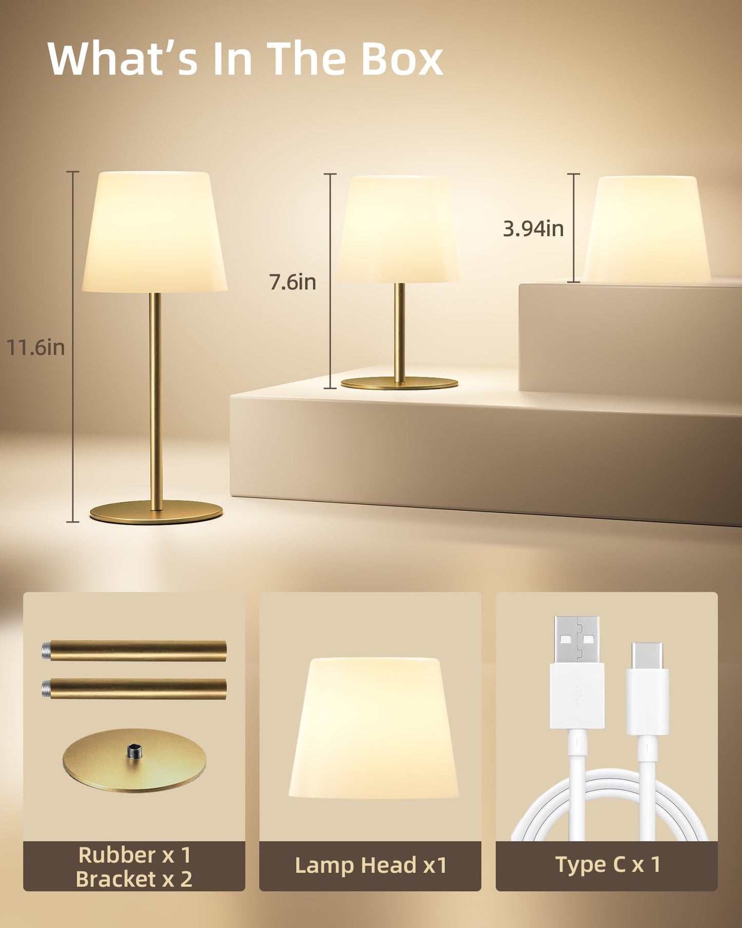 EZVALO Outdoor Cordless Table Lamp, IP65 Waterproof 4500mAh Rechargeble Shower Lamp, Dimmable Touch Lamp, LED Night Light Lamp for Bathroom Patio Camping Restaurant Home 1 Pack (Gold)