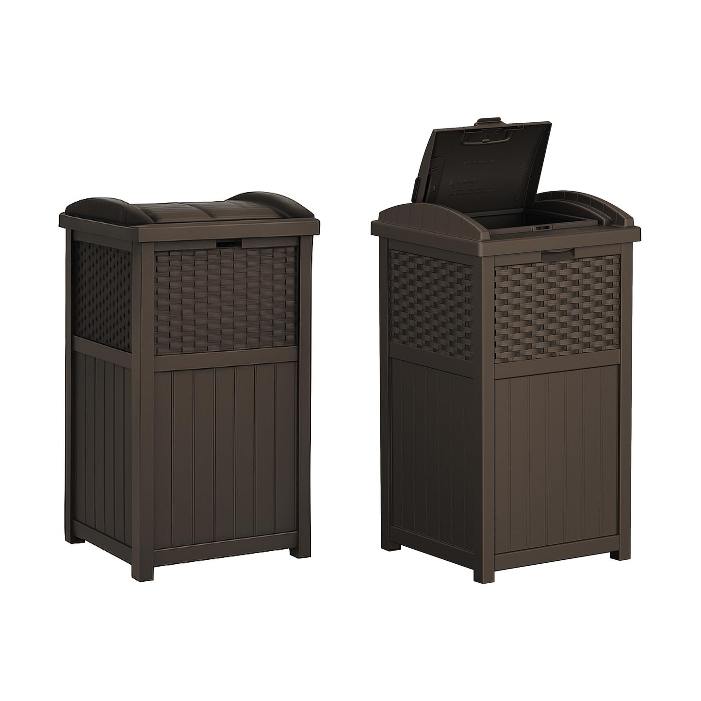Suncast 33 Gallon Commercial Outdoor Trashcan Hideaway with Lid for 30 to 33 Gallon Trash Bags for Garage, Backyard, or Garden, Brown