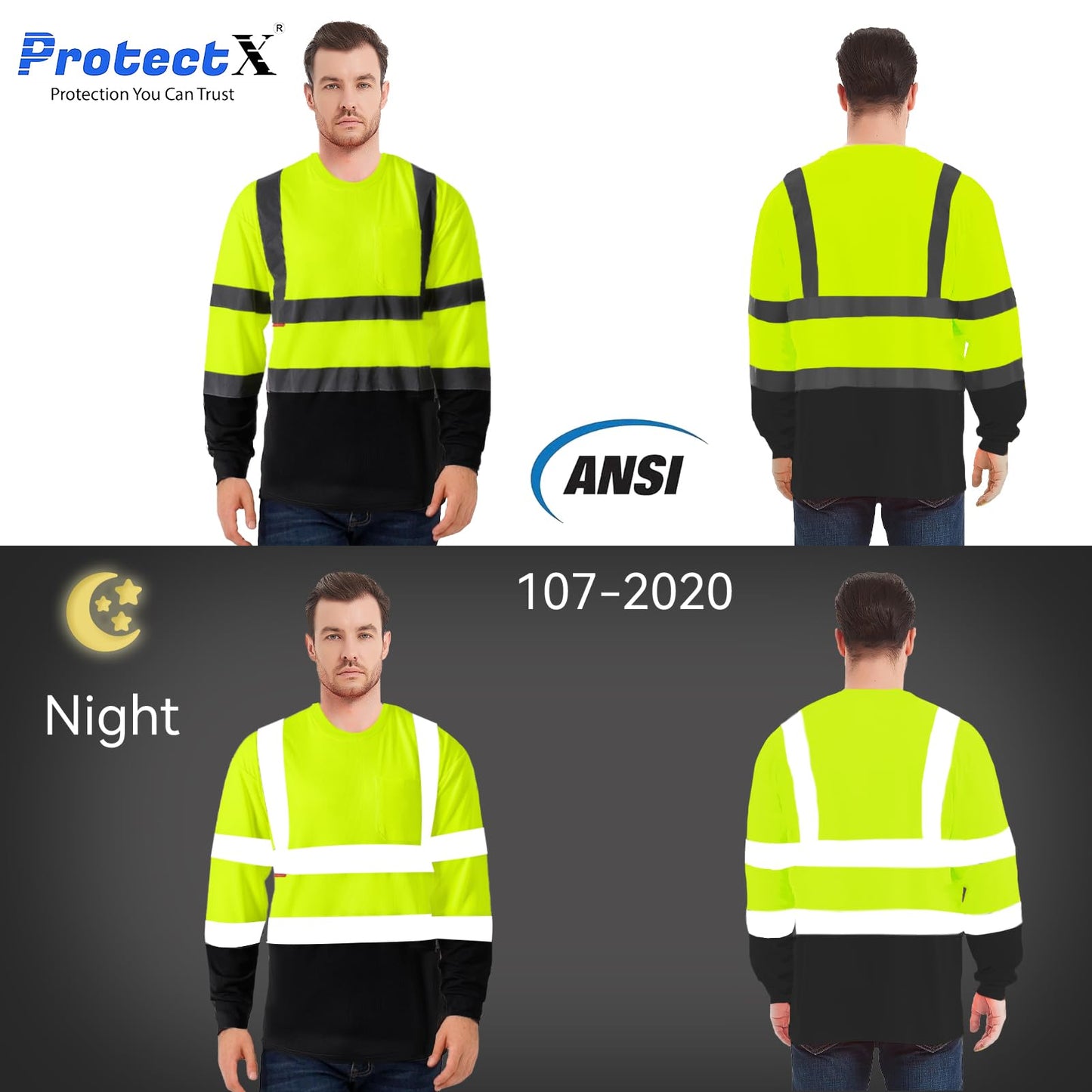 ProtectX 3-Pack Men's High Visibility Heavy Duty Breathable Long Sleeve Reflective Safety T-Shirts for Work Warehouse Construction, Class 2 Type R, Green - X Large