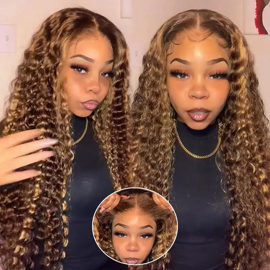 26inch Wear and Go Glueless Deep Wave 4/27 Highlight HD Transparent Lace Front Wigs Human Hair Wet and Wavy Curly Lace Frontal Wigs Pre Plucked with Baby Hair 200% Density