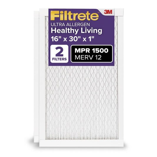 Filtrete 16x30x1 AC Furnace Air Filter, MERV 12, MPR 1500, CERTIFIED asthma & allergy friendly, 3 Month Pleated 1-Inch Electrostatic Air Cleaning Filter, 2-Pack (Actual Size 15.81x29.81x0.78 in)