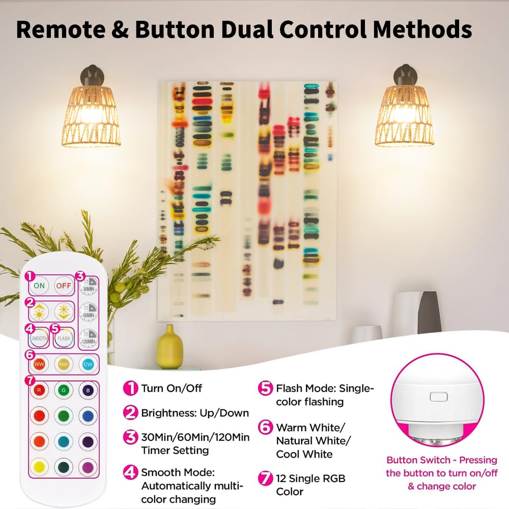 Boho Battery Operated Wall Sconces, Rattan Wall Sconce Set of 2 with Remote, RGB 15 Colors Dimmable Rechargeable Wall Light, Black Indoor Wireless Wall Lamp, Farmhouse Rattan Wall Lighting for Bedroom