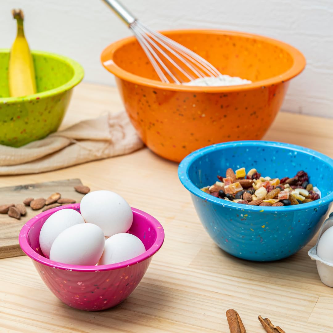 bzyoo Confetti Nesting Mixing Bowls Set - 4-Piece Colorful Kitchen Bowls (18oz, 1.25QT, 2.5QT, 4QT) - BPA-Free, Dishwasher Safe, Space-Saving Design Vibrant Color