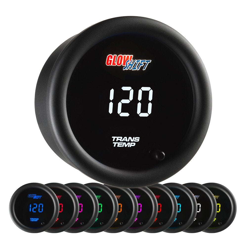 GlowShift 10 Color Digital 300F Transmission Temperature Gauge Kit - Includes 1/8-27 NPT Electronic Sensor & Wiring - Multi-Color LED Display - Tinted Lens - for Car & Truck - 2-1/16" (52mm)