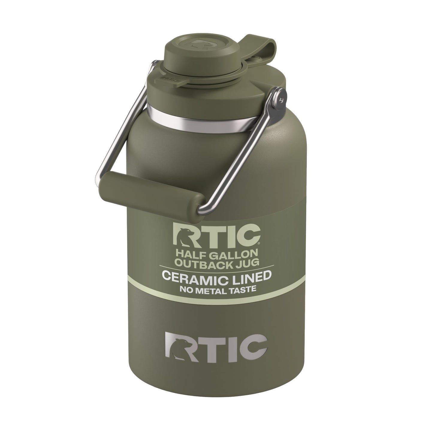 RTIC Half Gallon Outback Jug, Stainless Steel, Ceramic Lined Insulated Water Bottle with Lid and Handle, BPA-Free, Double Wall Vacuum Insulation, Olive