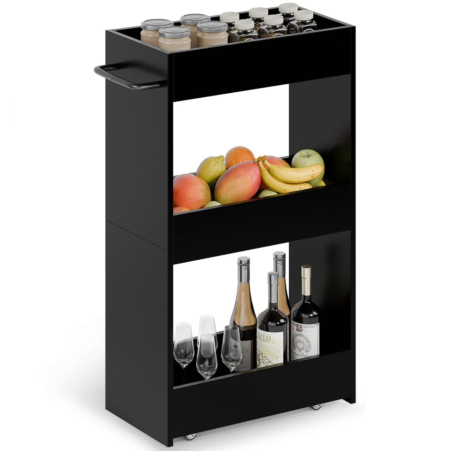 MARTY Wood Rolling Storage Cart 7.9" W, 3 Tier Slim Utility Kitchen Cart on Wheels Laundry Room Bathroom Organizers Narrow Shelves with Handle Mobile Shelving Unit for Small Places, Black