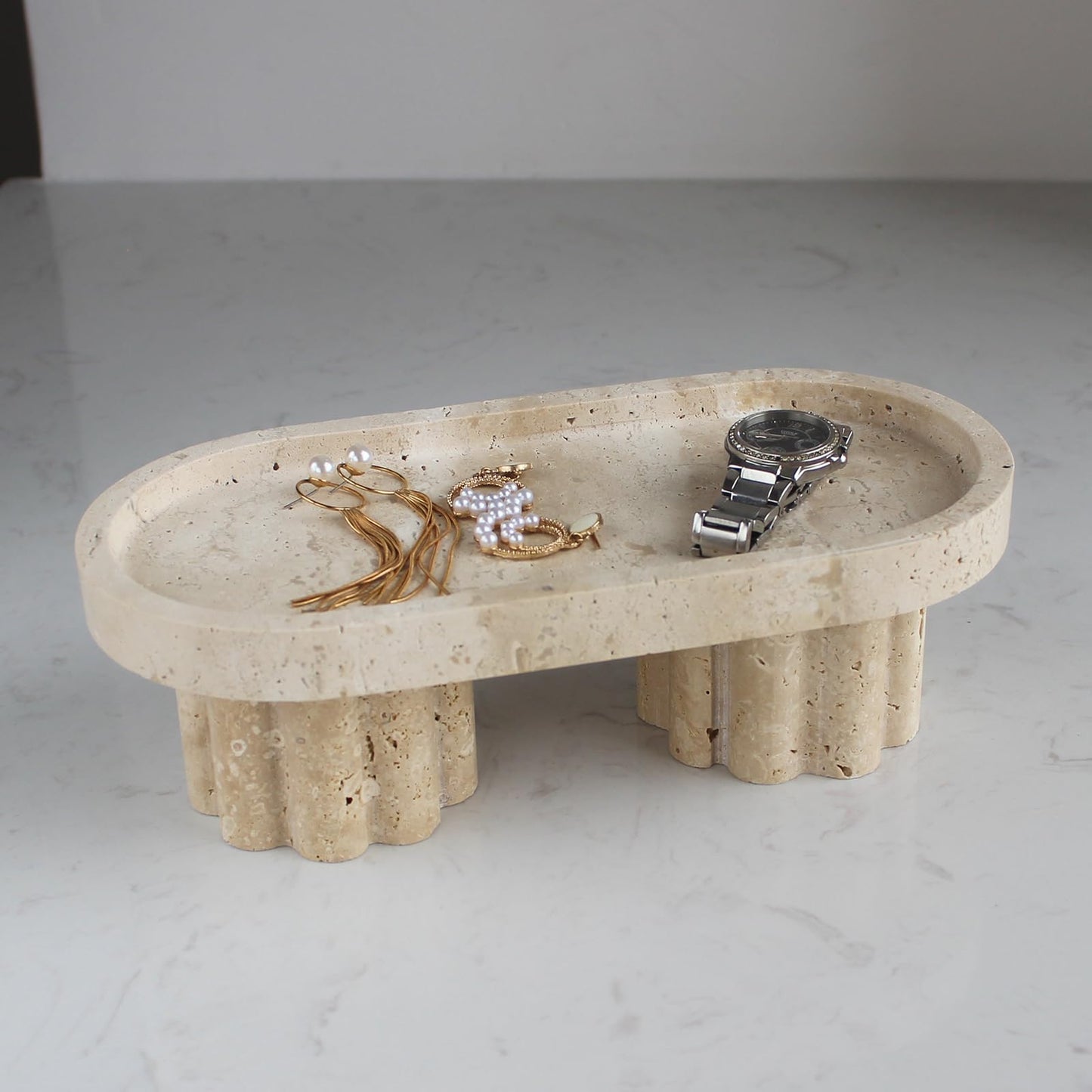 Natural Travertine Marble Oval Tray with 2 Legs, 10" Vanity Decorative Tray for Countertop Organizer, Catchall Tray for Perfume, Candles, Jewelry Dishv