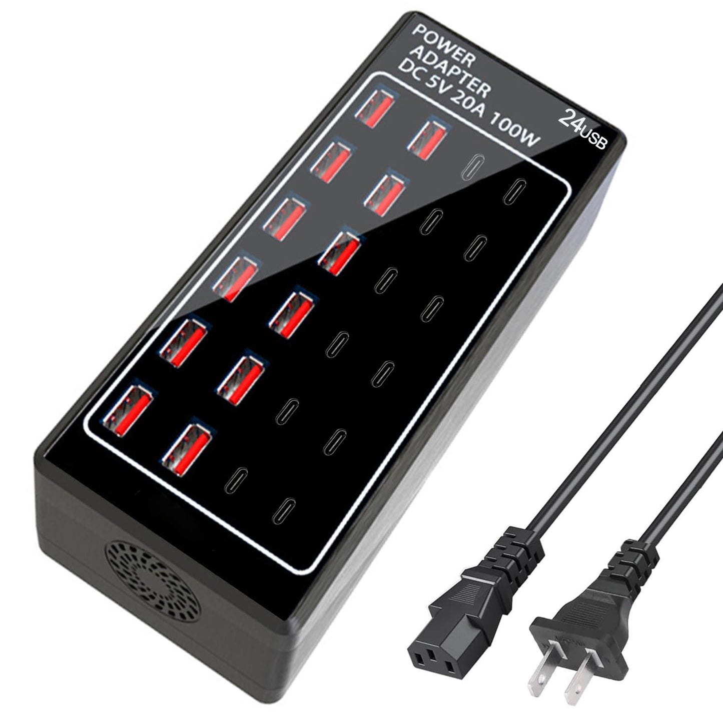USB Charger, USB C Charger Block, 100W (20A) 24 Port Multiple USB Charger Station Desktop USB Wall Charger 12 USB C 12 USB A Compatible for Apple iPhone, iPad, Samsung Galaxy, Laptop, Pixel, Phones