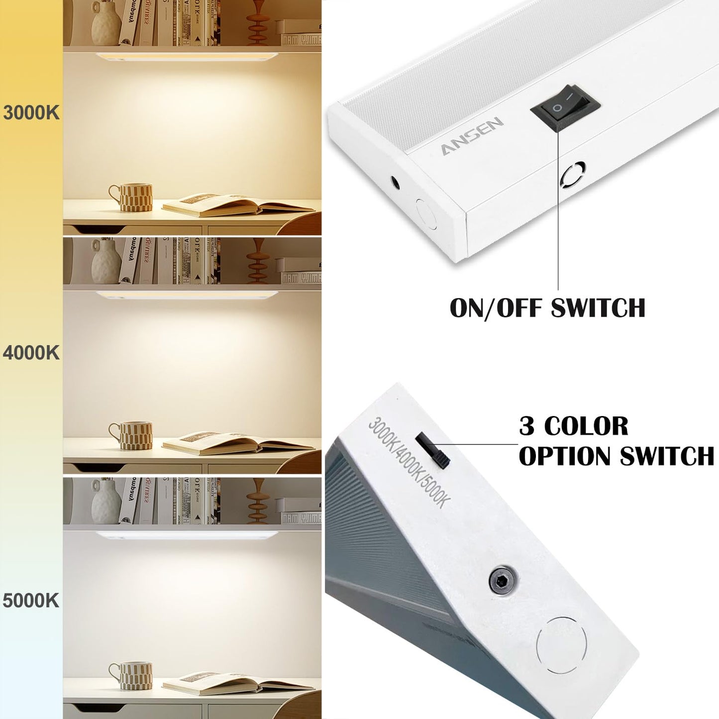 Ansen 4Packs of Under Cabinet Lighting Hardwired, 24IN 18W 1237LM, Dimmable Led Light for Kitchen/Bar/Closet, CRI>92, R9>90, 3 Color Temperature, 3000K/4000K/5000K(Warm White, Cool White, Daylight)