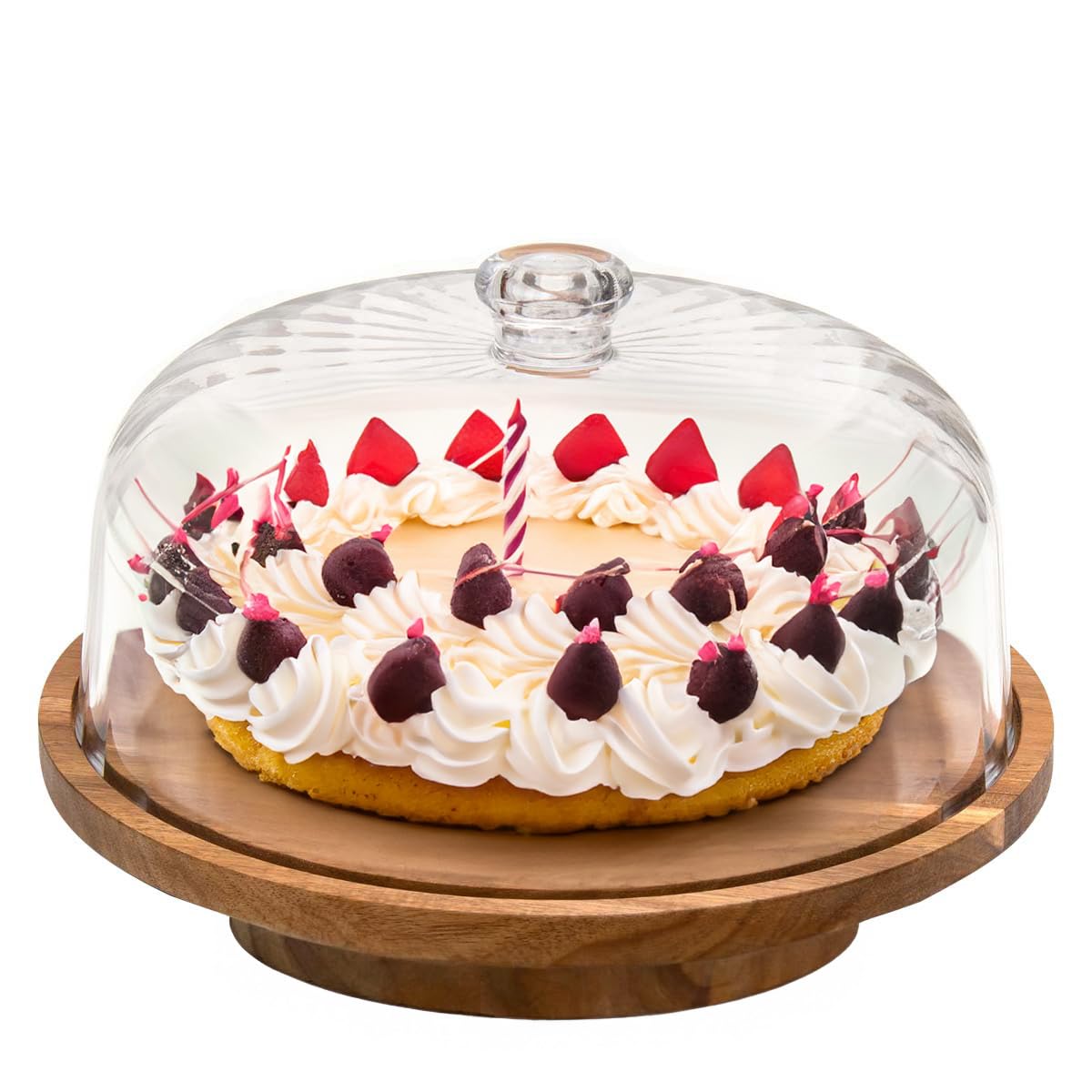 cutesun Wood Cake Stand with Lid, 11.8'' Rotating Cake Stand with Dome, Shaterproof 10.4'' Acrylic Cake Display Cover, Cake Holder Tray for Wedding Gift，Kitchen,Birthday,Parties,Baking Gifts